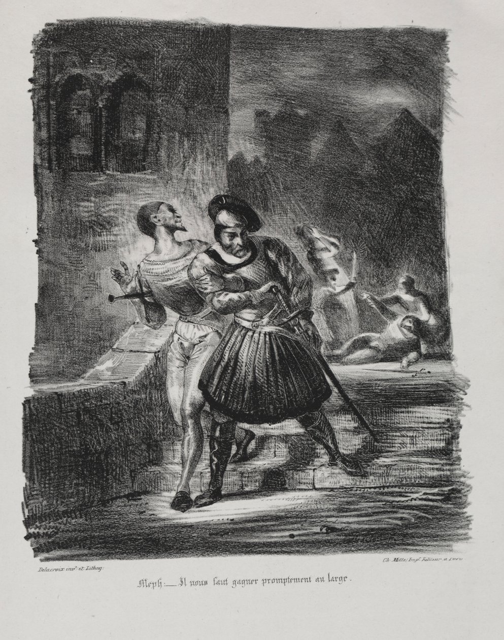 الرسوم التوضيحية لـ Faust: Méphistophélés و Faust يهربان بعد المبارزة ، 1828. بواسطة فرديناند فيكتور يوجين ديلاكروا