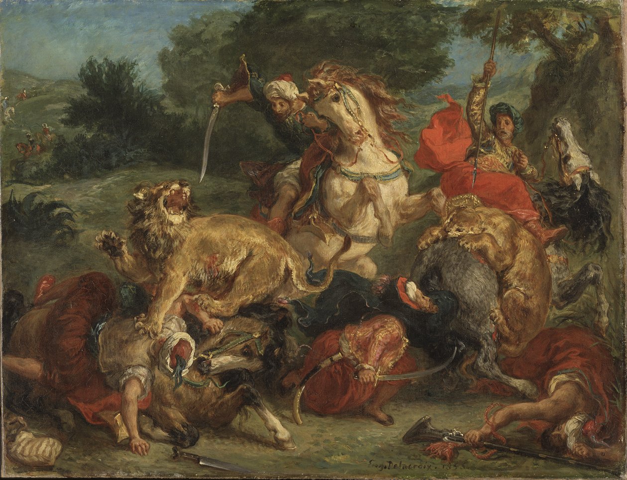 La chasse au lion - The Lion Hunt ، بقلم ديلاكروا ، يوجين (1798-1863). زيت على قماش بواسطة فرديناند فيكتور يوجين ديلاكروا