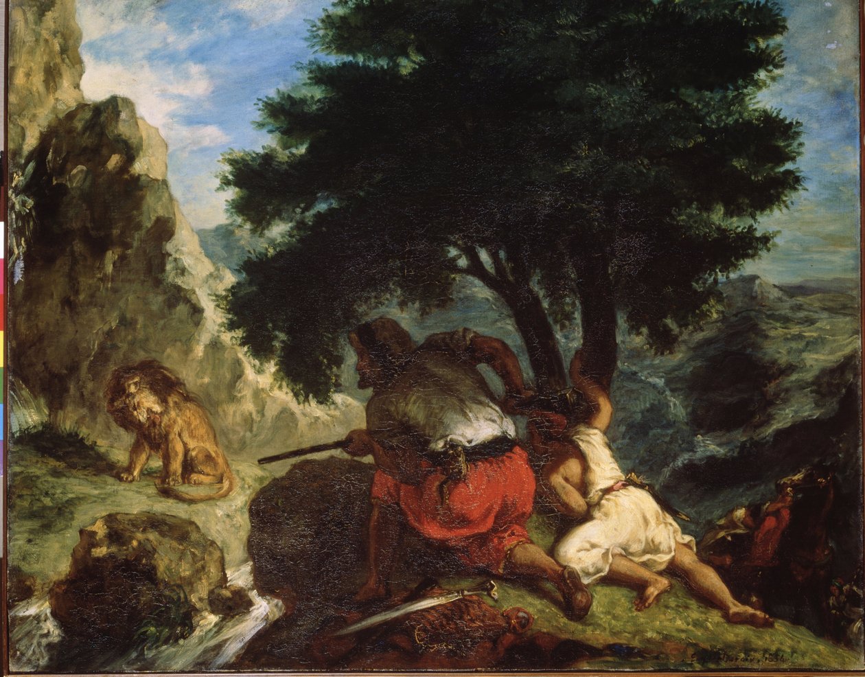 "صيد الأسد في المغرب" (Lion Hunt in Morocco) لوحة رسمها Eugene Delacroix (1798-1863) 1854 الاستشراق Dim. 74x92 cm متحف هيرميتاج ، سانت بطرسبرغ بواسطة فرديناند فيكتور يوجين ديلاكروا