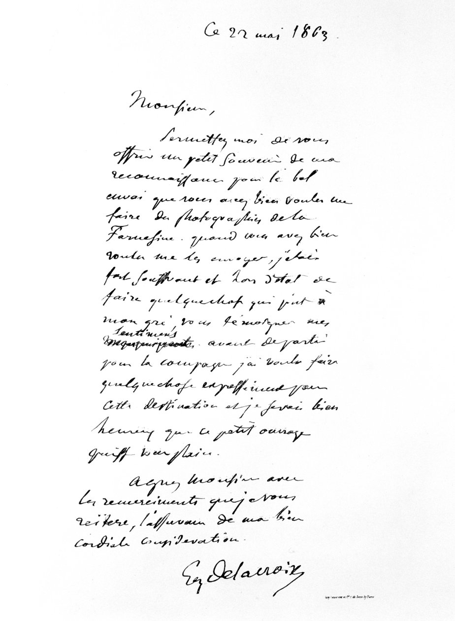 رسالة موقعة من يوجين ديلاكروا ، فنان رومانسي فرنسي ، 1863 بواسطة فرديناند فيكتور يوجين ديلاكروا