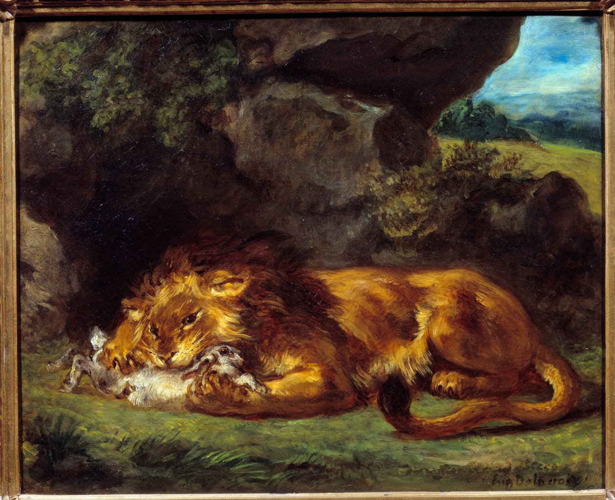 أسد يضرب أرنبًا. لوحة ليوجين ديلاكروا (1798-1863) بواسطة فرديناند فيكتور يوجين ديلاكروا