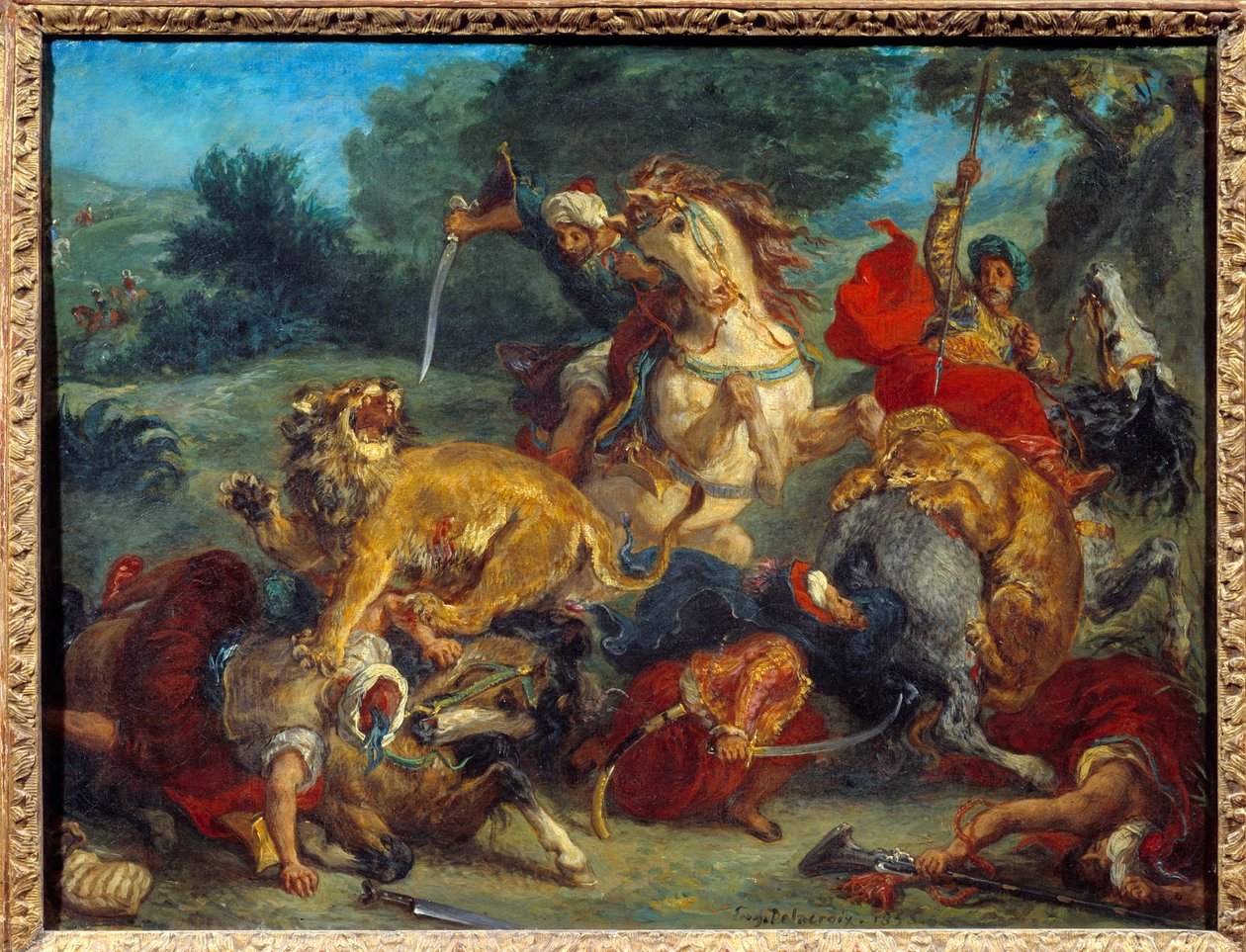 مطاردة الأسد. لوحة ليوجين ديلاكروا (1798-1863) بواسطة فرديناند فيكتور يوجين ديلاكروا