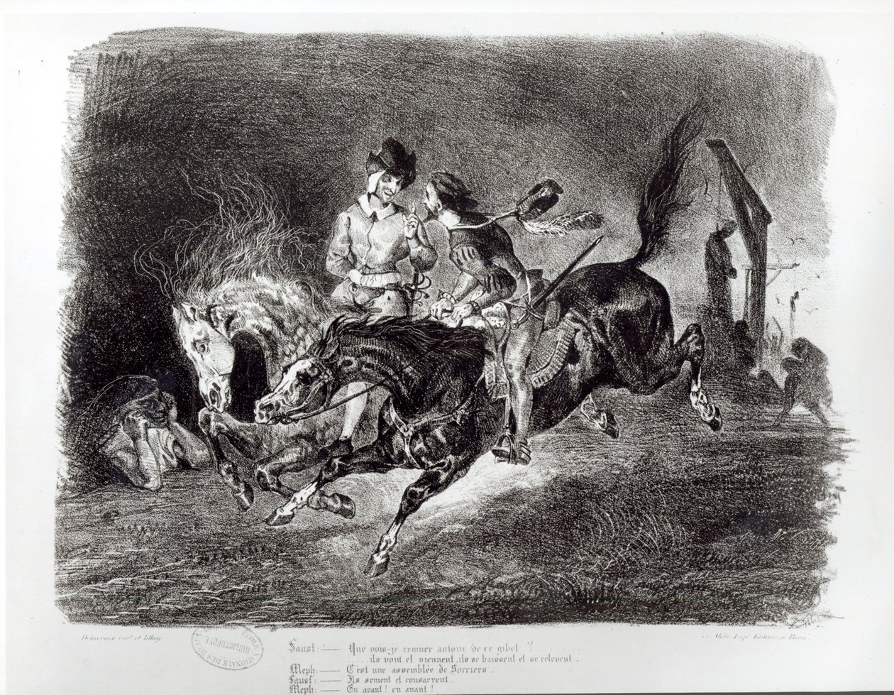 Mephistopheles و Faust ركوب الخيل في الليل ، رسم توضيحي لـ Faust بواسطة Goethe ، 1828 بواسطة فرديناند فيكتور يوجين ديلاكروا
