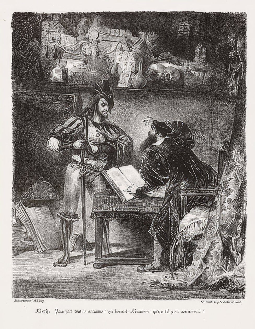 Méphistophélès apparaîssant à Faust (يظهر Mephisto Faust). 1828 بواسطة فرديناند فيكتور يوجين ديلاكروا