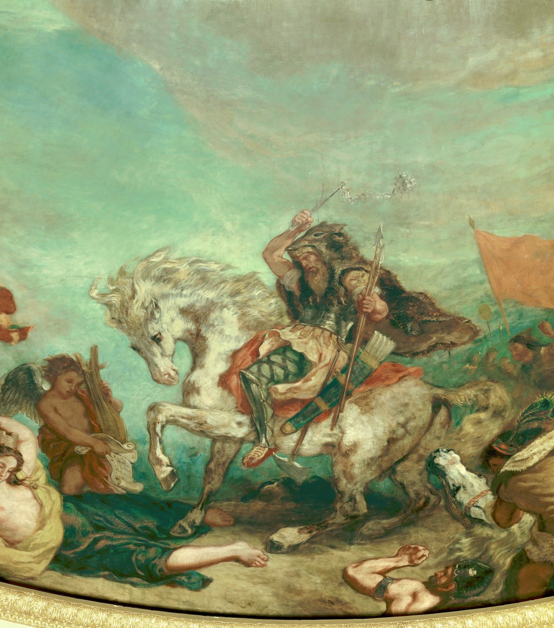 تمثيل أتيلا (395-453) ملك قبيلة الهون تفاصيل لوحة جدارية بواسطة يوجين ديلاكروا (1798-1863) تزين قبة مكتبة الجمعية الوطنية (قصر بوربون) 1843 باريس بواسطة فرديناند فيكتور يوجين ديلاكروا
