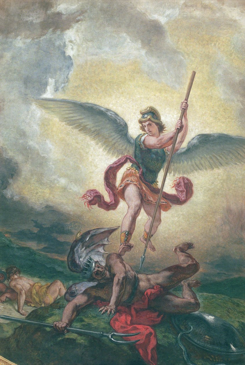 سانت مايكل يقاتل التنين ، التفاصيل ، chapelle des Saints-Anges 1849-1861 (زيت وشمع على الجص) بواسطة فرديناند فيكتور يوجين ديلاكروا