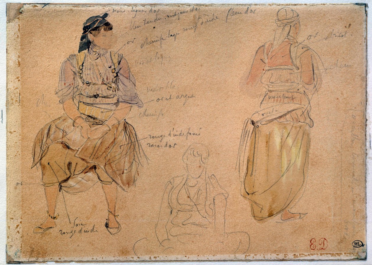 دراسات حول النساء العربيات يرسمن منجمًا رصاصيًا بألوان مائية بقلم يوجين ديلاكروا (1798-1863) 1832 باريس ، متحف اللوفر بواسطة فرديناند فيكتور يوجين ديلاكروا