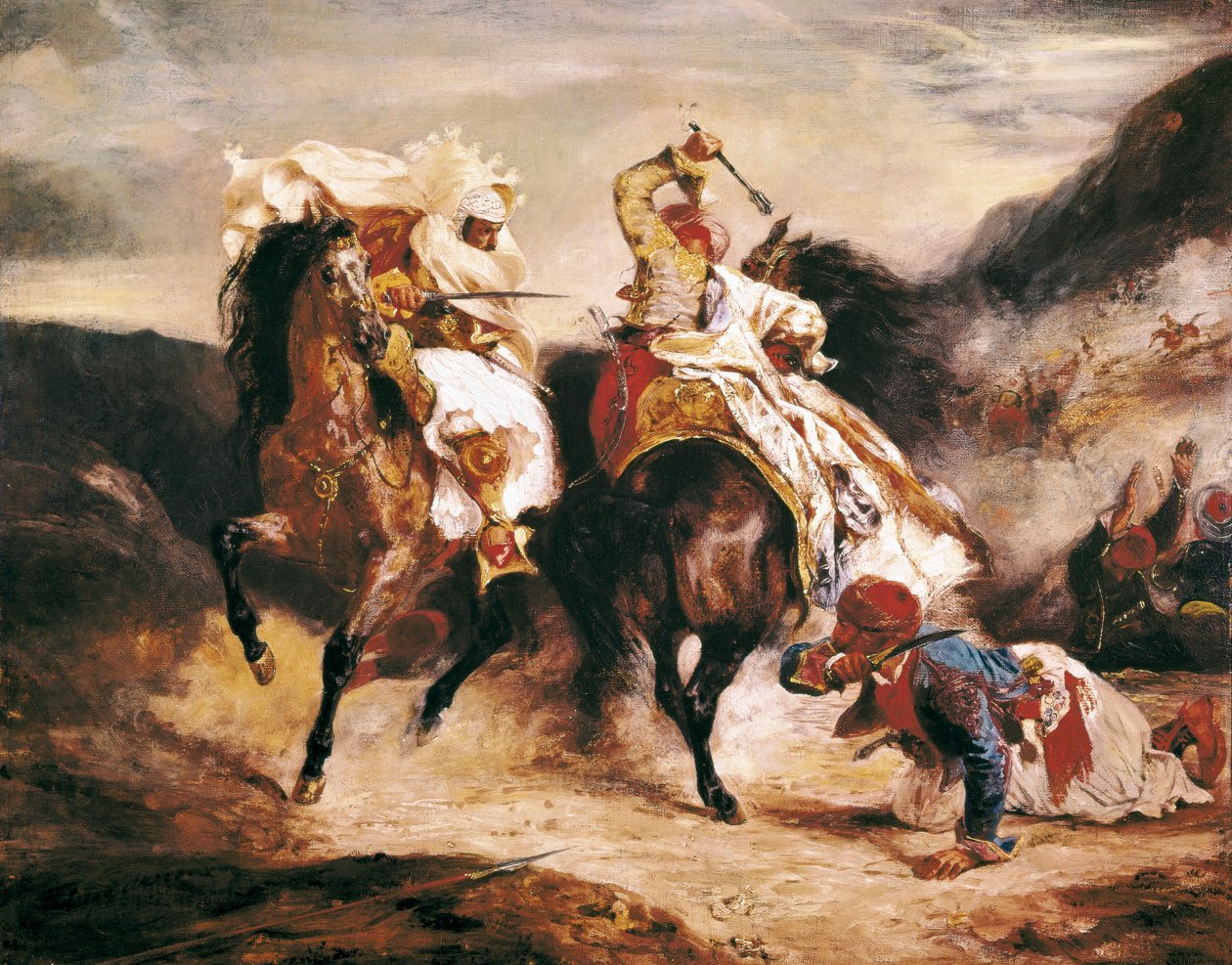 قتال جعور وباشا. إلهام من قصيدة اللورد بايرون "Le Giaour". لوحة الاستشراق ليوجين ديلاكروا (1798-1863) بواسطة فرديناند فيكتور يوجين ديلاكروا