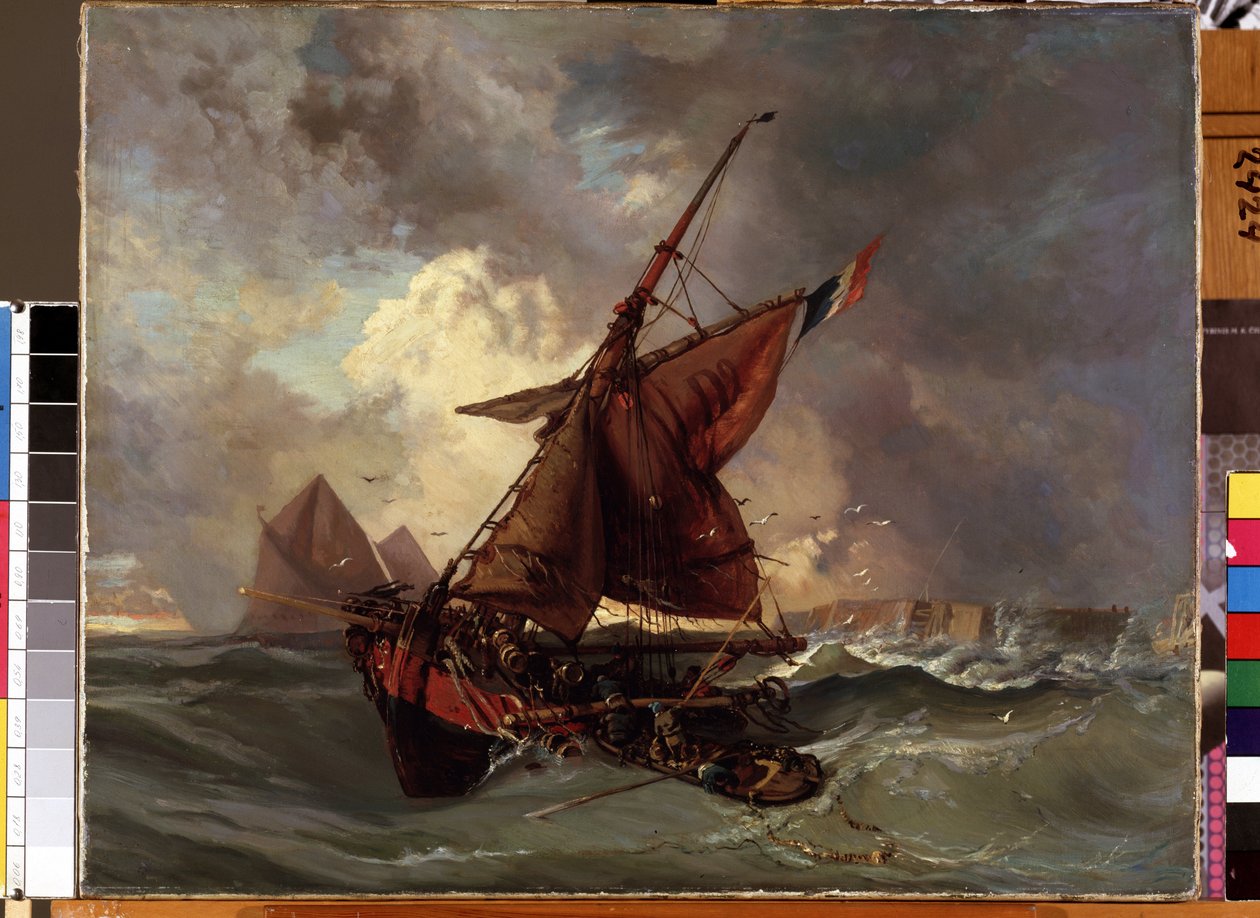 "" سفينة في تيمبيتي "(سفن في البحر العاصف) لوحة رسمها يوجين ديلاكروا (1798-1863) متحف ميكالويوس كونستانتيناس سيورليونيس للفنون الجميلة في القرن التاسع عشر ، كاوناس ، ليتوانيا بواسطة فرديناند فيكتور يوجين ديلاكروا