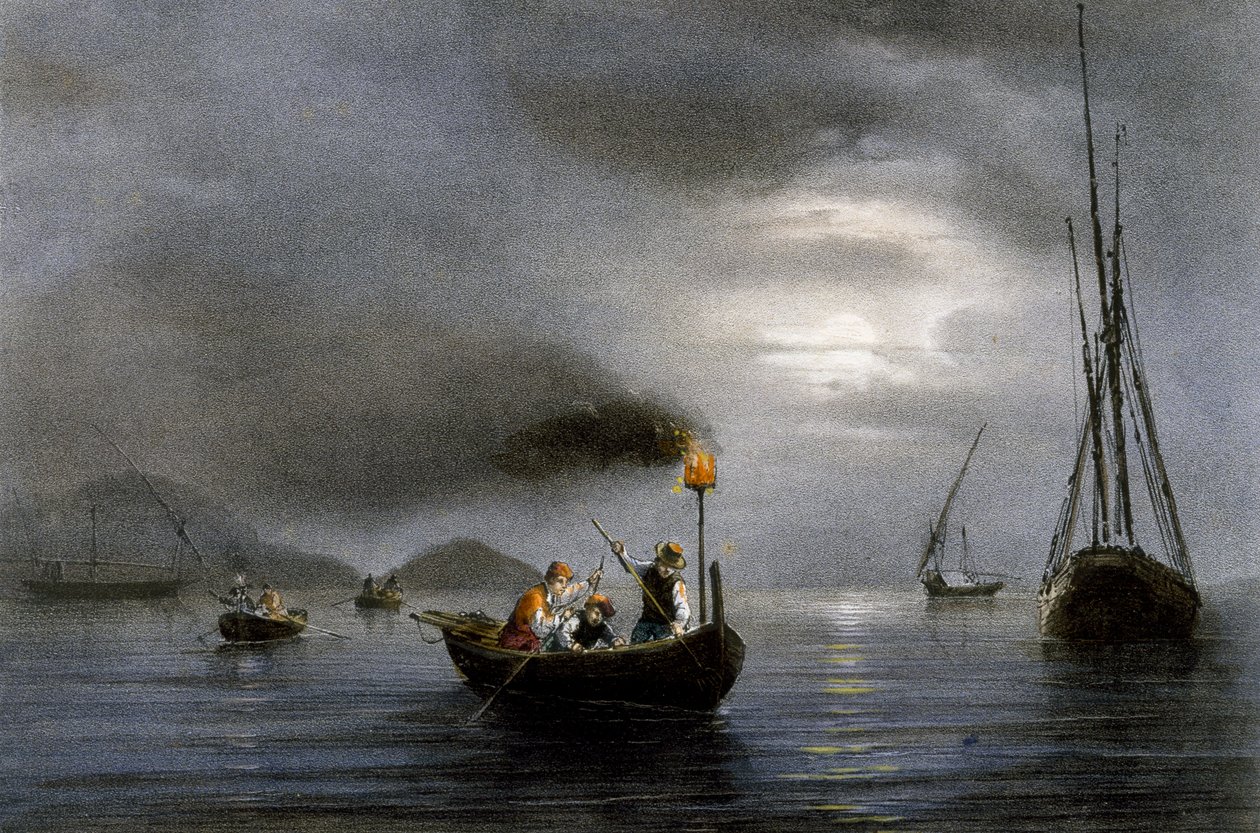 الصيد الليلي بواسطة مصباح الصيد ، الطباعة الحجرية الملونة لفرديناند بيرو (1808-1841) بواسطة فرديناند فيكتور بيروت