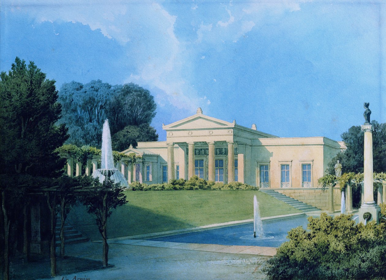 منظر لـ Charlottenhof من الحديقة ، 1855 (قلم وحبر ومرحاض على ورق) بواسطة فرديناند فون أرنيم