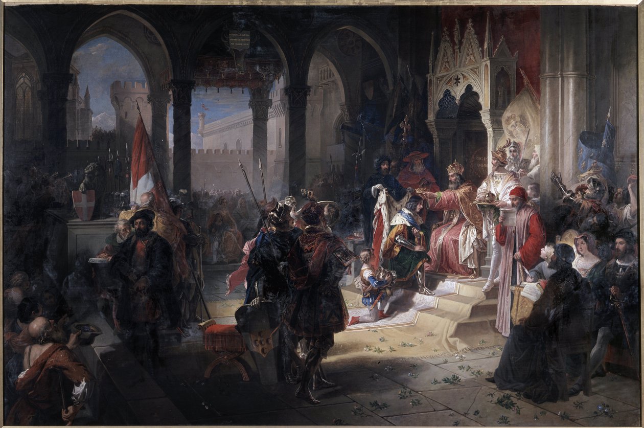 Amedee VIII the Pacific (Amedeo VIII il pacifico) (1383-1451) كان تاجًا دوق سافوي من قبل الإمبراطور سيغيسموند الأول للإمبراطورية المقدسة في 19/02/1416 أثناء زيارته إلى لوحة شامبيري لفيرديناندو كافاليري (1794-1865) شاتو ( Castello) di Aglie ، إيطاليا. بواسطة فرديناندو كافاليري
