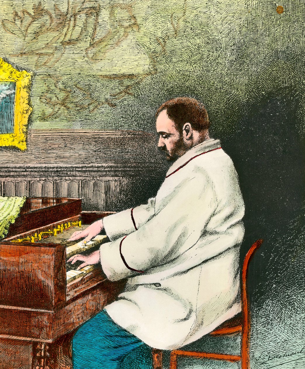 صورة لإميل زولا (1840-1902) يعزف على الأرغن. نقش ديسمولين (القرن التاسع عشر). كول. اخرج. بواسطة فرناند ديسمولين