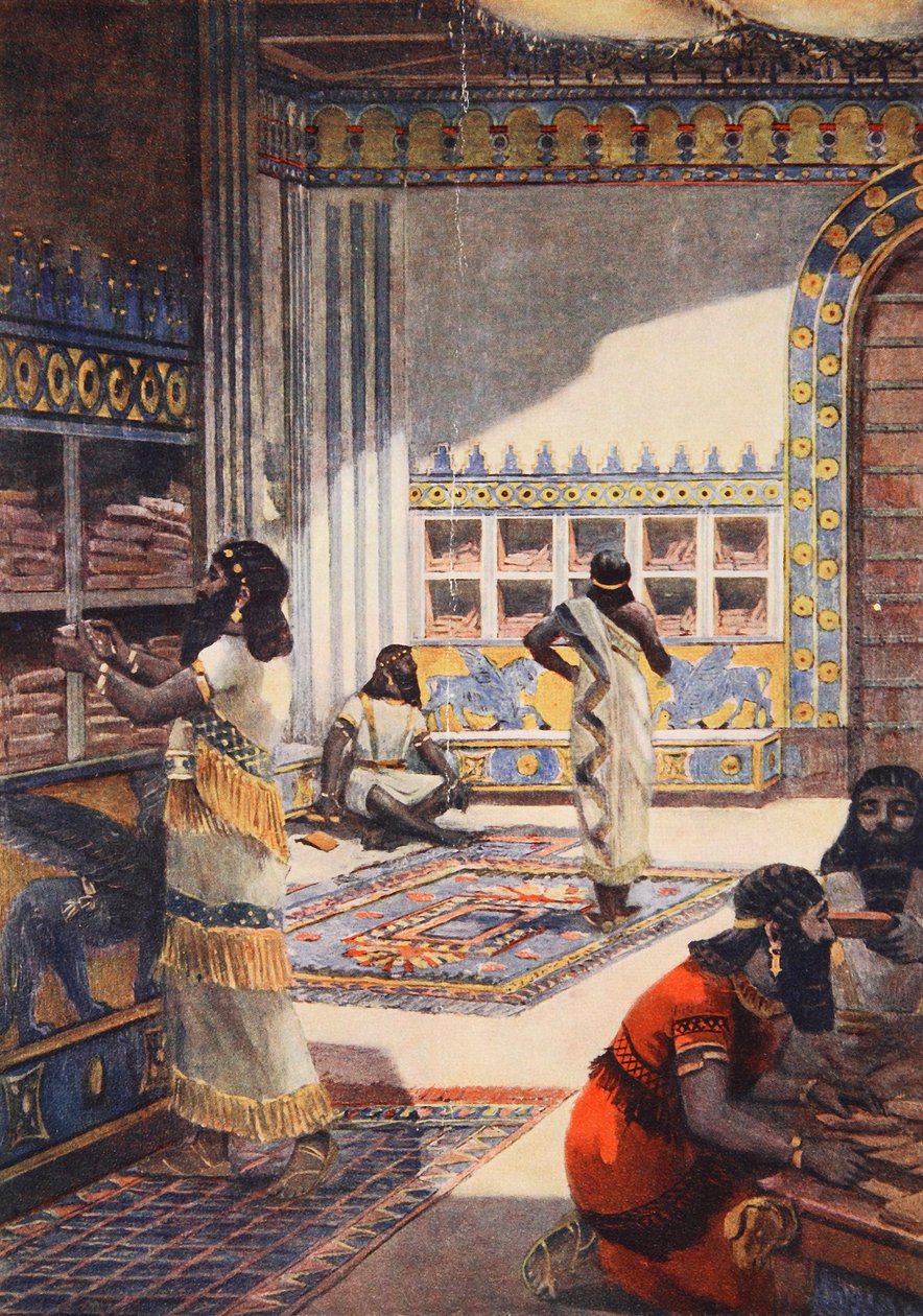 مكتبة الملك آشور بني بال الشهيرة في نينوى ، رسم توضيحي من "تاريخ الأمم لهتشينسون" ، ج .1910 بواسطة فرناند لو كوينز