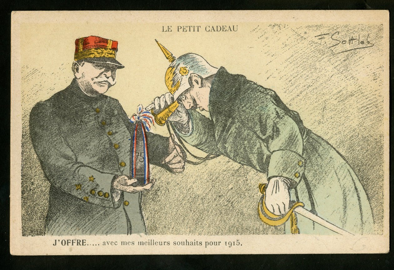 بطاقة بريدية ، ساخرة في الألوان ، كاليفورنيا. 1914_12: هدية صغيرة أقدمها مع أطيب تمنياتي لعام 1915 - حرب 14-18 ، شرائع ، قذائف - ويليام الثاني ، جوفري إيضاح من جوتلوب (1873-1935) بواسطة فرناند لويس جوتلوب