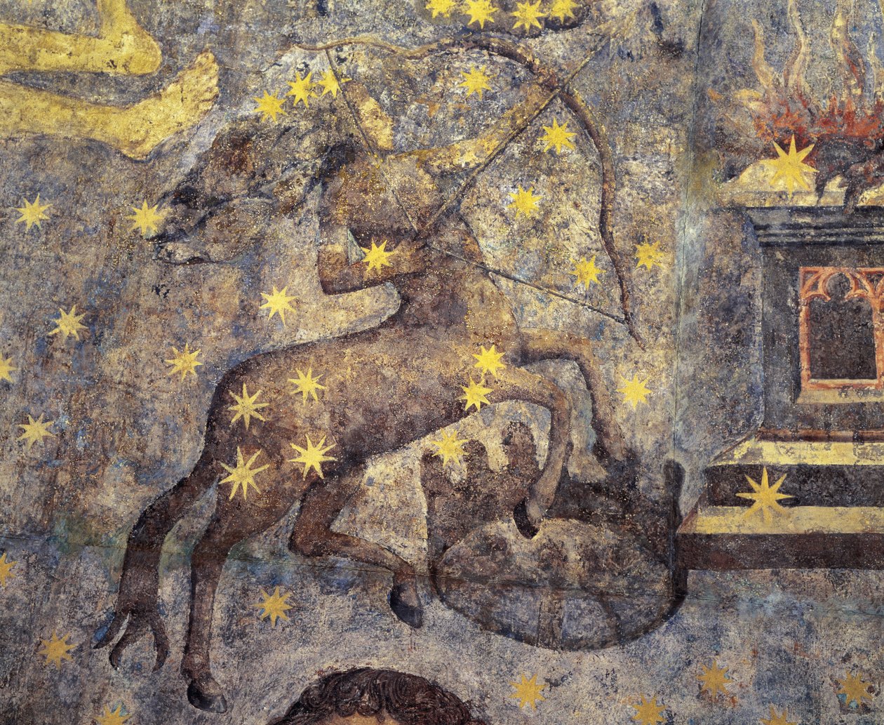 الفترة القوطية. قبة البرج (1485) لفرناندو جاليغو (1440-1507). القرن الخامس عشر. اللوحات الجدارية. قاموا بتزيين مكتبة جامعة سالامانكا ، قشتالة ، إسبانيا. يمثل علامات البروج. القنطور. رمز الكوكبة. بواسطة فرناندو جاليجو