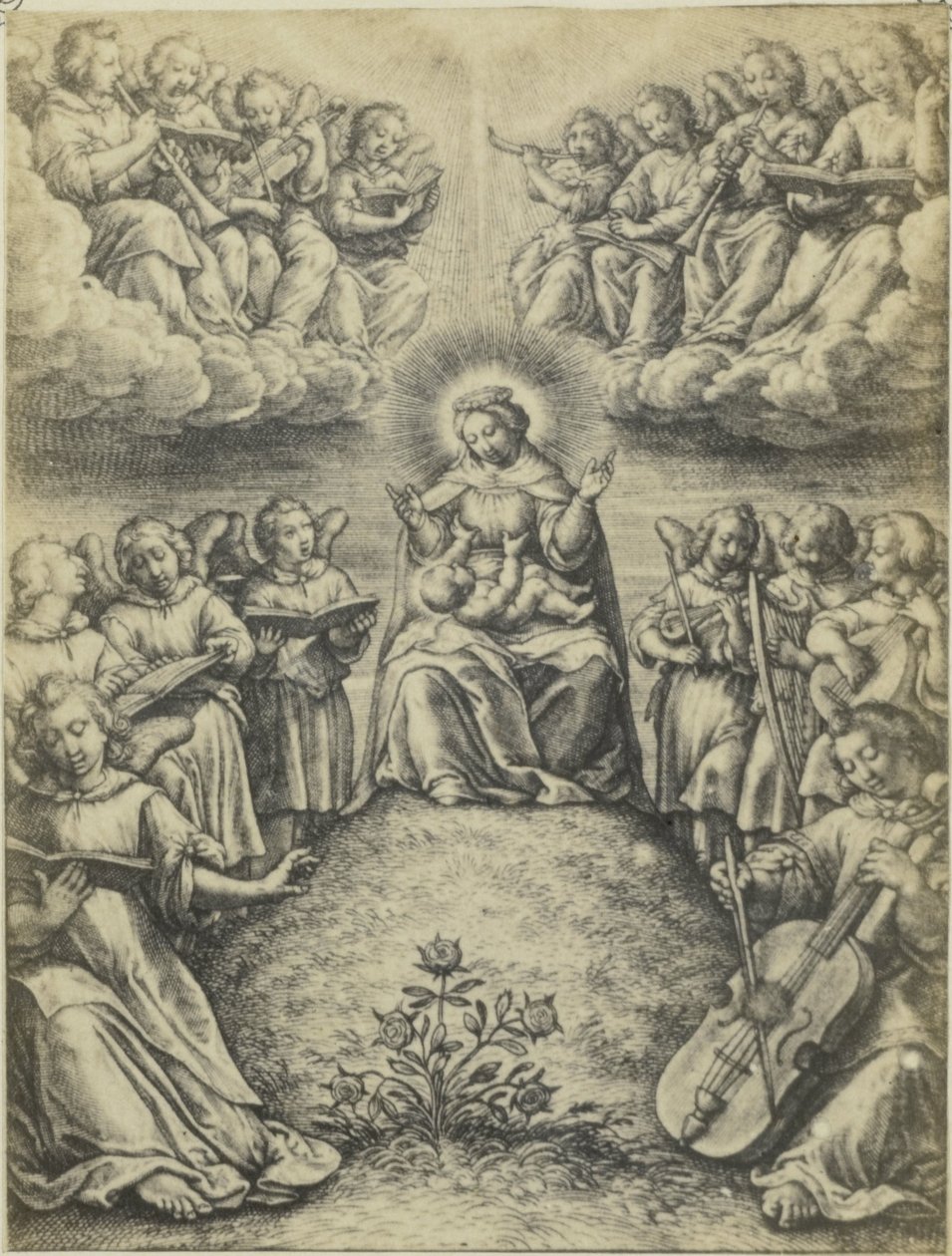 Fotoreproductie van de gravure Le concert des anges door Hieronymus Wierix حفلة الملائكة بواسطة العباقرة