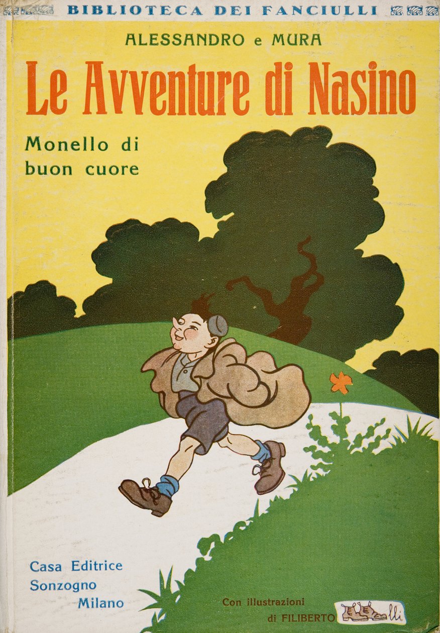 الغلاف الأمامي لـ The Adventures of Nasino ، Brat of a good heart by Alessandro and Mura، c.1920 بواسطة فيليبرتو سكاربيلي