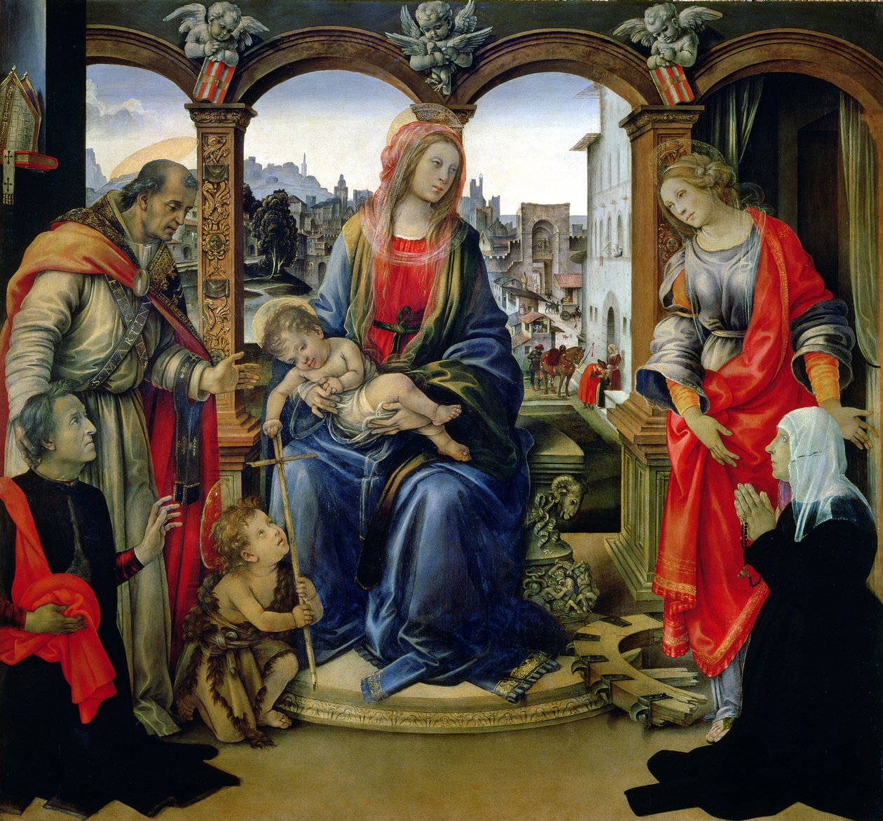Nerli Altarpiece: مادونا والطفل مع القديس يوحنا المعمدان الشاب ، وسانت مارتن ، وسانت كاترين والمانحين Tanai و Nanna dei Nerli ، 1494 بواسطة فلبيني ليبي