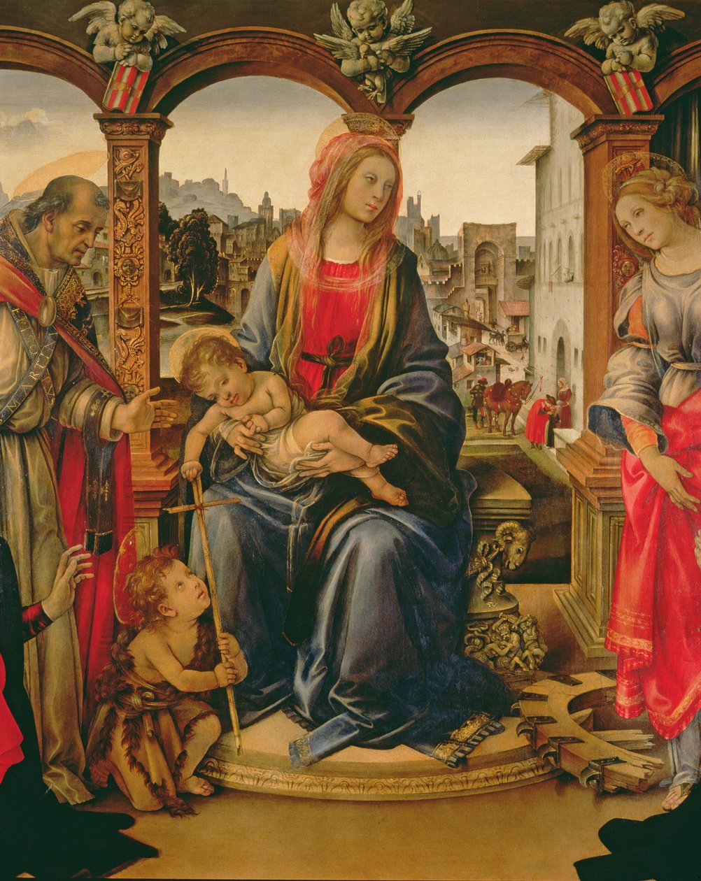 Nerli Altarpiece: مادونا والطفل مع الشاب القديس يوحنا المعمدان ، وسانت مارتن ، وسانت كاترين والمانحين Tanai و Nanna dei Nerli ، 1494 تفاصيل 58333 بواسطة فلبيني ليبي