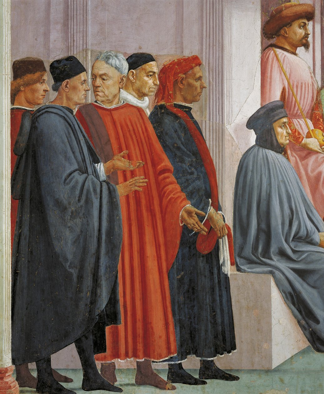 Men in medieval dress, detail from The Raising of the Son of Theophilus, by Tommaso Masaccio, fresco بواسطة فلبيني ليبي