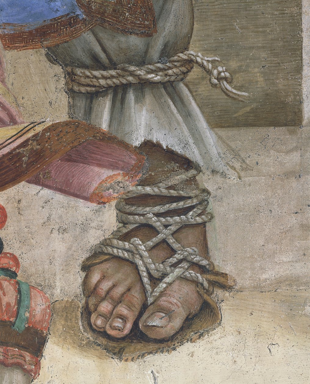 Saint John Evangelist Resuscitating Drusiana by Filippino Lippi, detail of footwear, fresco بواسطة فلبيني ليبي