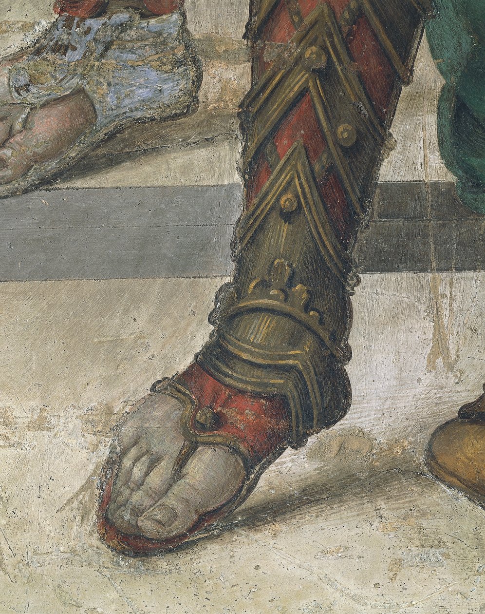 Saint Philip Driving Dragon from Temple of Hieropolis by Filippino Lippi, detail of footwear, fresco بواسطة فلبيني ليبي