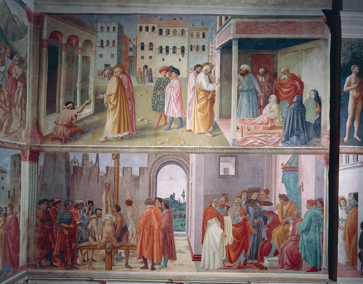 The Healing of the Cripple and Raising of Tabitha, by Masolino da Panicale, Saint Peter Confronts Simon Magus before Nero, and The Martyrdom of Saint Peter, by Filippino Lippi, frescoes بواسطة فلبيني ليبي