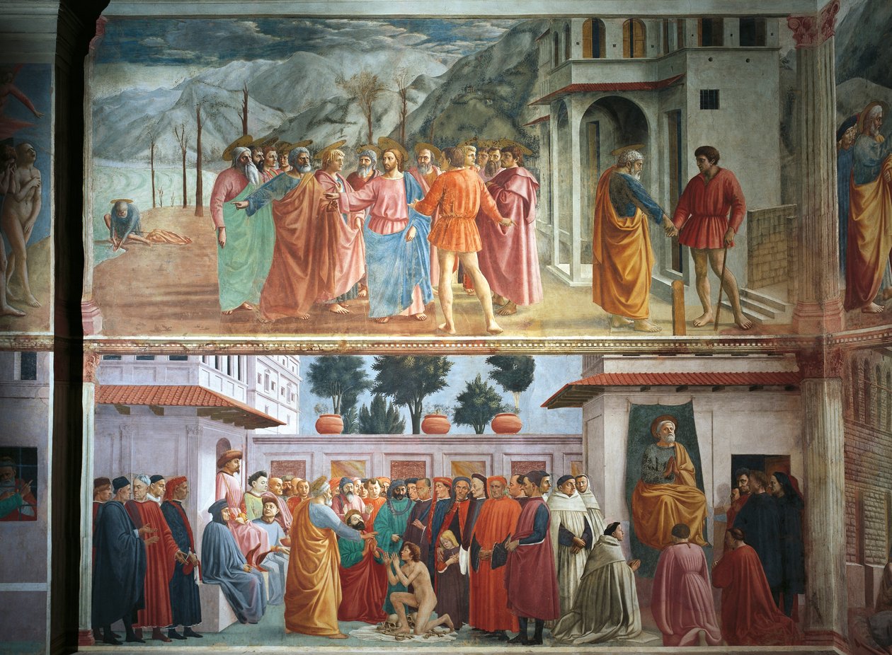 The Tribute money, by Tommaso Masaccio, The Raising of the Son of Theophilus and Saint Peter enthroned, by Tommaso Masaccio and Filippo Lippi, frescoes بواسطة فلبيني ليبي