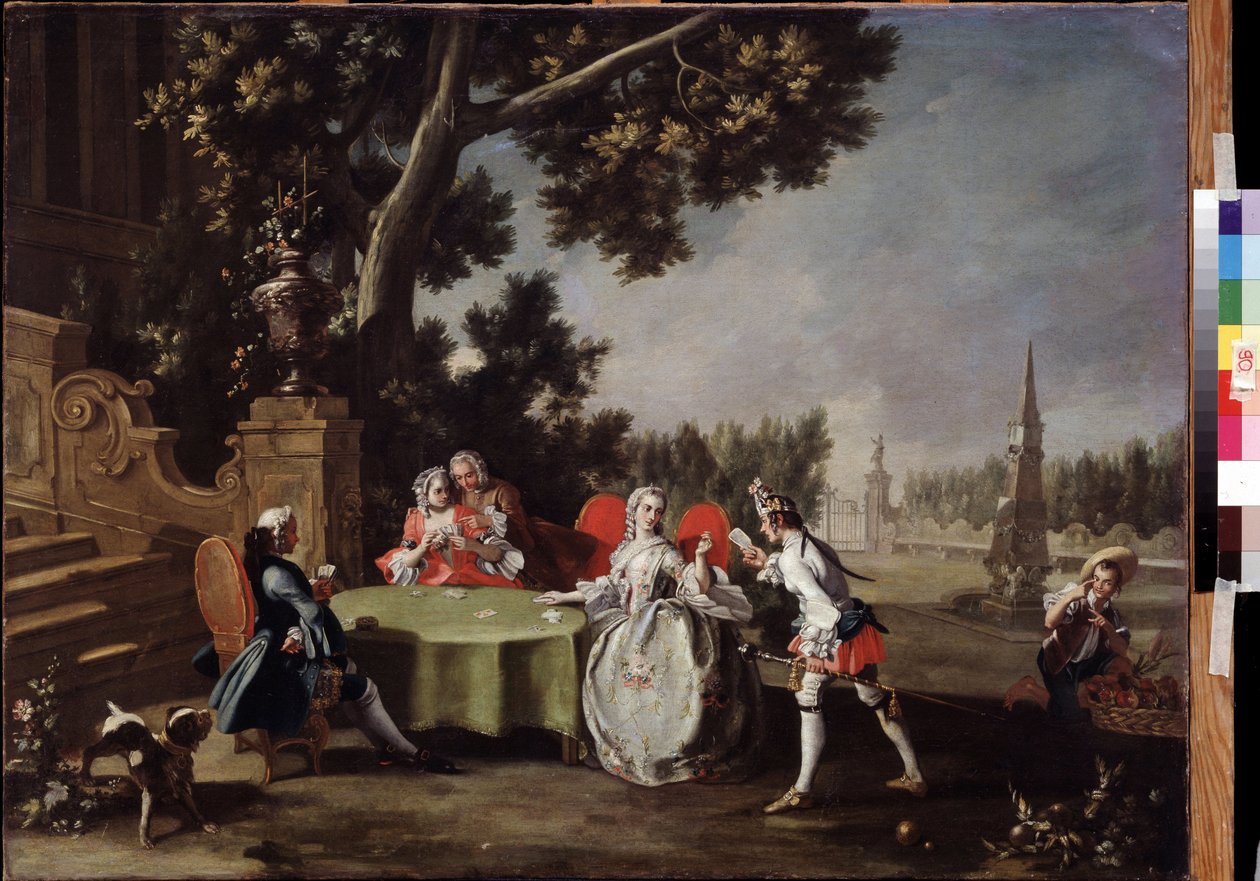 "The Card Party" مجموعة من النبلاء الإيطاليين يلعبون الورق في حديقة. لوحة لفيليبو فالشياتور (1718-1768) متحف بوشكين في القرن الثامن عشر ، موسكو بواسطة فيليبو فالكياتور