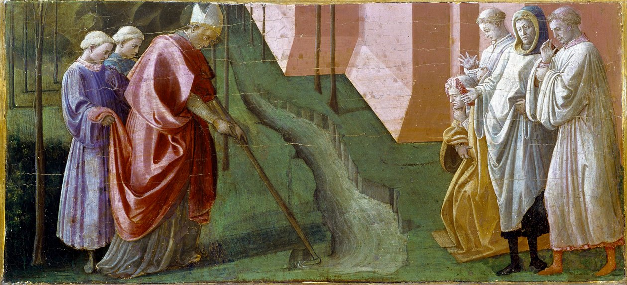 Pala Barbadori: “” Saint Fridian (Frigidian or Frigdian or Frediano) eveque of Lucca, stops by his prayers the flooding of the Serchio River”” Detrempe on wood by Filippo Lippi (ca. 1406-1469) Florence Galleria degli Uffizi (Offices) - Predella of the Barb بواسطة فيليبو ليبي