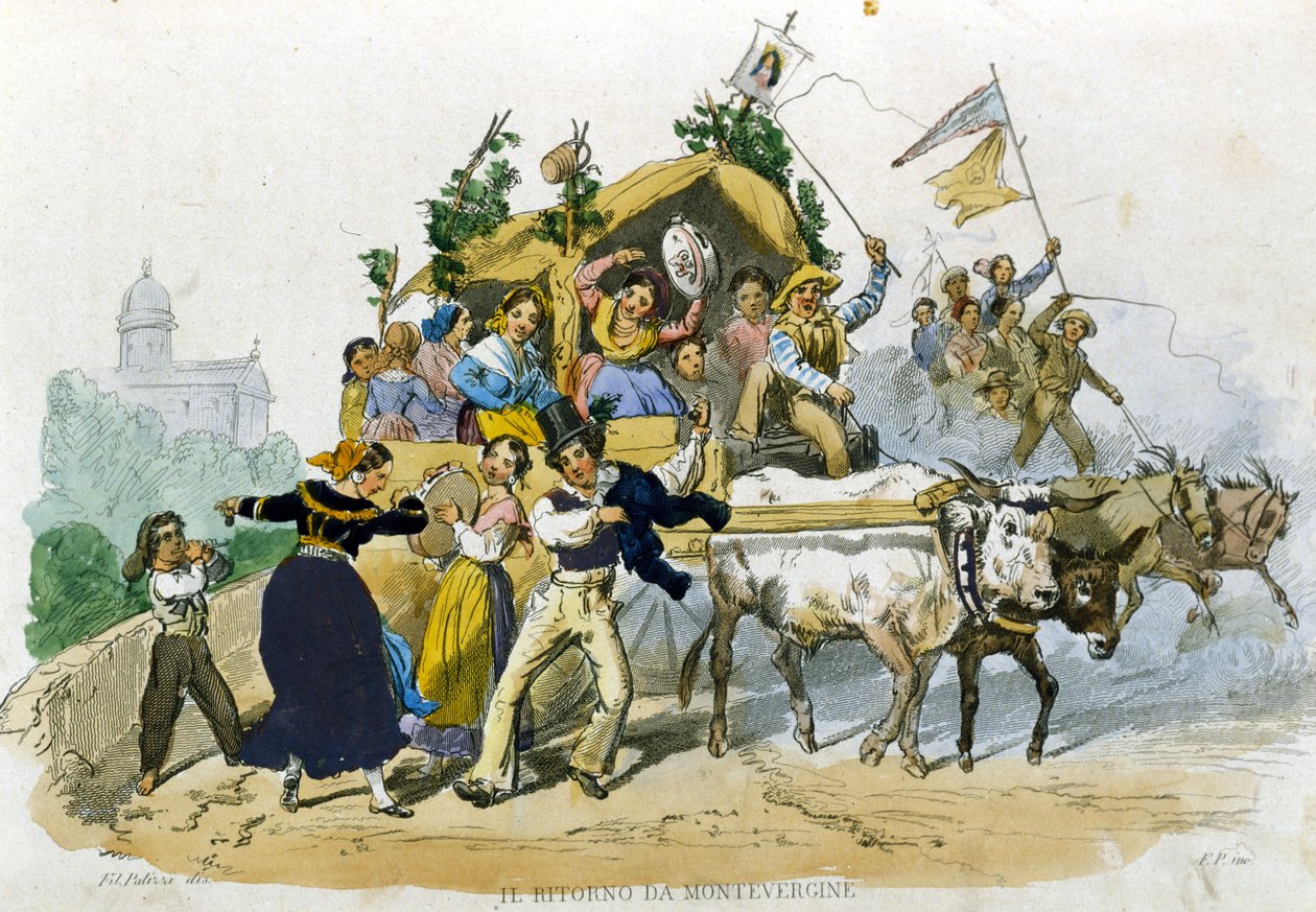 يعود النابوليتانيون بمرح من الرحلة إلى مونتيفيرجين. رسم لـ F. Palizzi من "Costumi del regno di Napoli" لـ De Bourcard بواسطة فيليبو باليزي