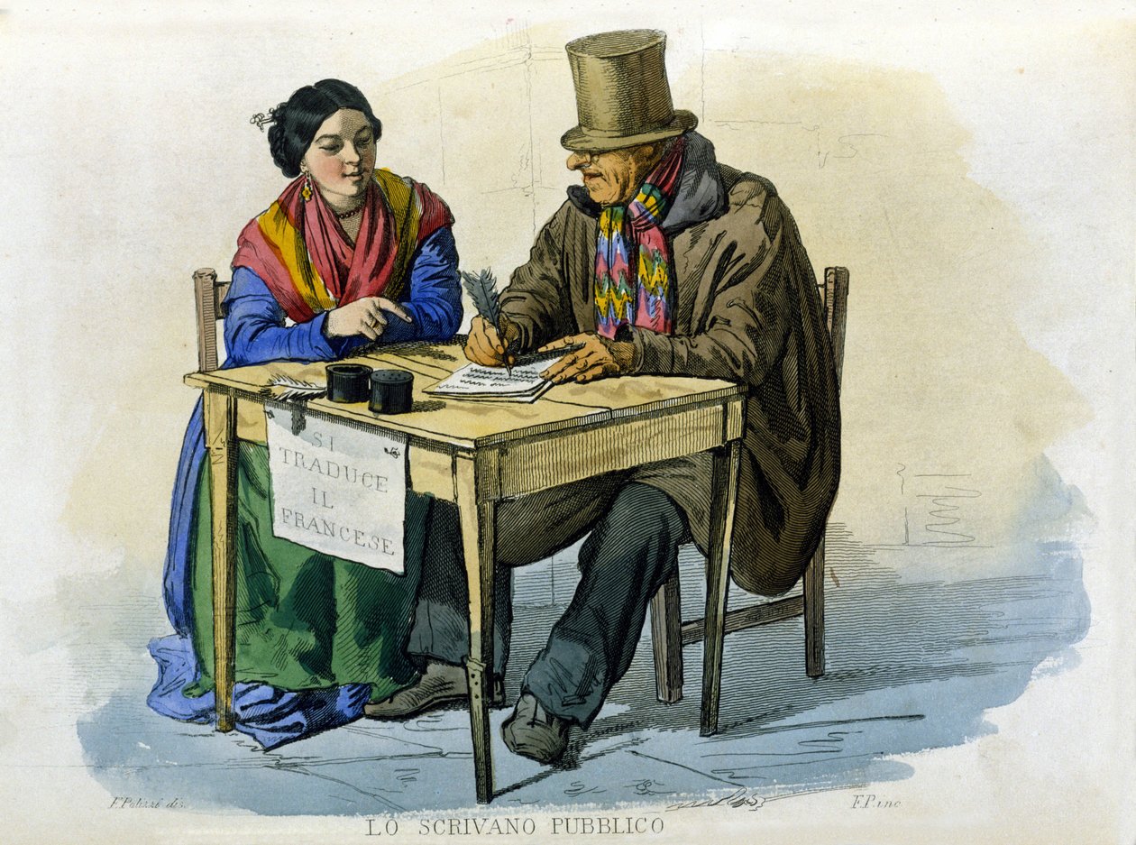 الأعمال الصغيرة لمدينة نابولي: الكاتب العام. نقش بعد لوحة لف. باليزا. من عمل فرانشيسكو دي بوركارد "" Costumi del regno di Napoli "" بواسطة فيليبو باليزي