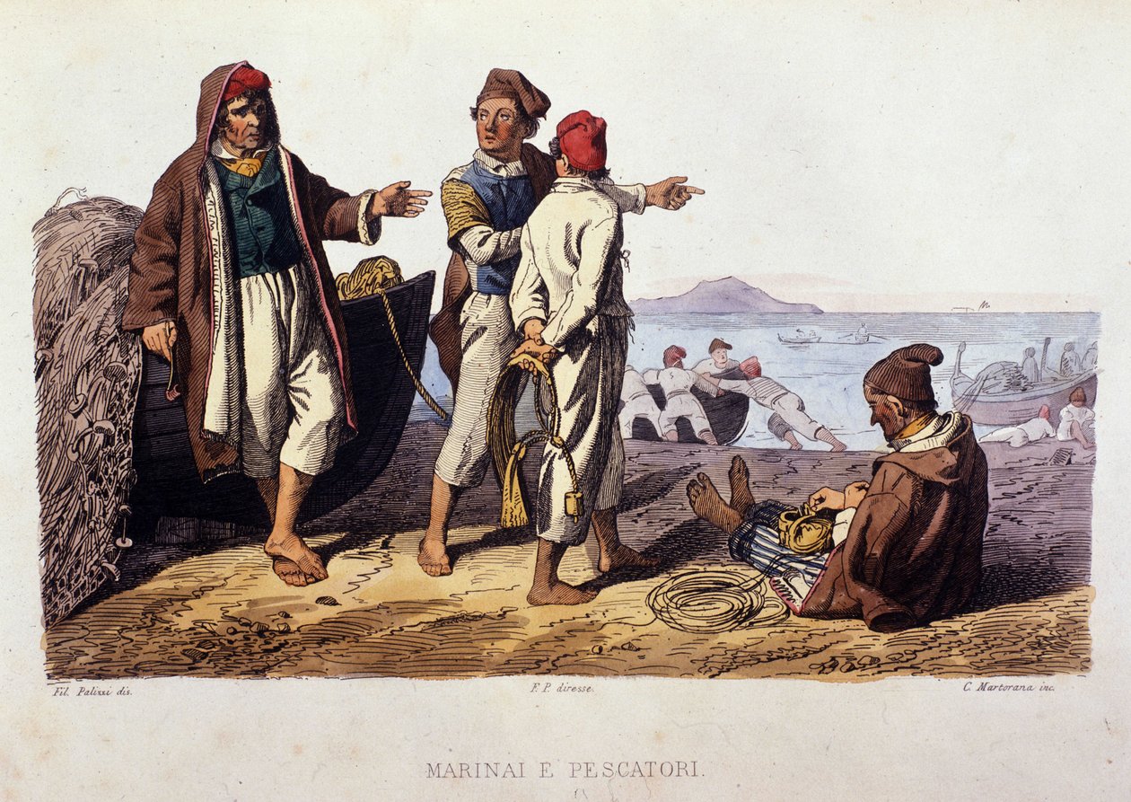 ميتير صغير لمملكة نابولي: بحارة وصيادون. نقش بعد لوحة لف. باليزا. من عمل Francesco de Bourcard "" Costumi del regno di Napoli "" بواسطة فيليبو باليزي