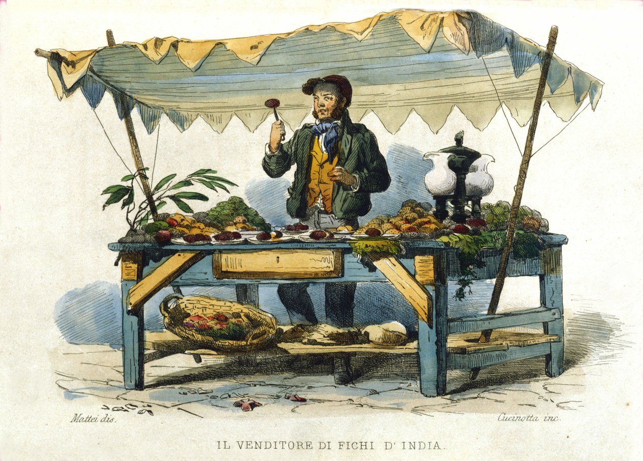 متر صغير لمدينة نابولي: بائع الأوتاد الشائكة. نقش بعد لوحة لف. باليزا. من عمل Francesco de Bourcard "" Costumi del regno di Napoli "" بواسطة فيليبو باليزي