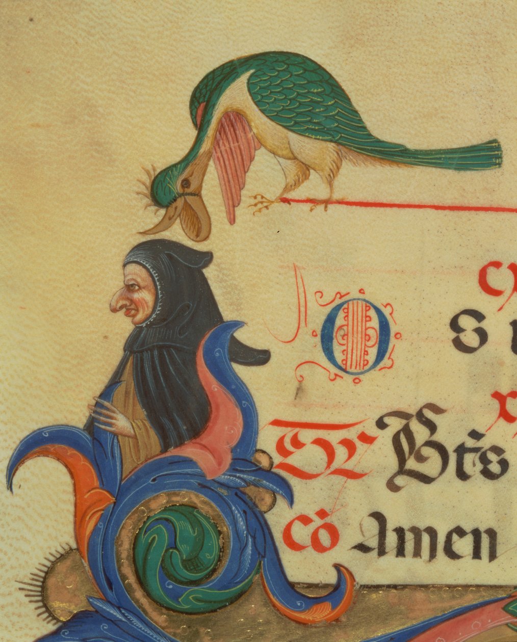Missal 515 42r طائر خيالي يعلو صورة مجردة ، تفاصيل حرف R الأولي المزخرف والحدود من كتاب جوقة تم تنفيذه قبل 1449 تفاصيل رق 56727 بواسطة Filippo di Matteo Torelli