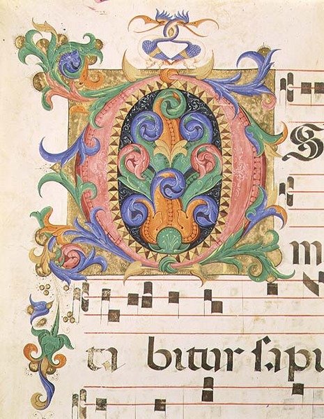 Missal 515 f.123r أول حرف "O" مزخرف بأوراق الشجر والطيور الخيالية ، تفاصيل من كتاب جوقة تم تنفيذه قبل 1449 (ورق) بواسطة Filippo di Matteo Torelli