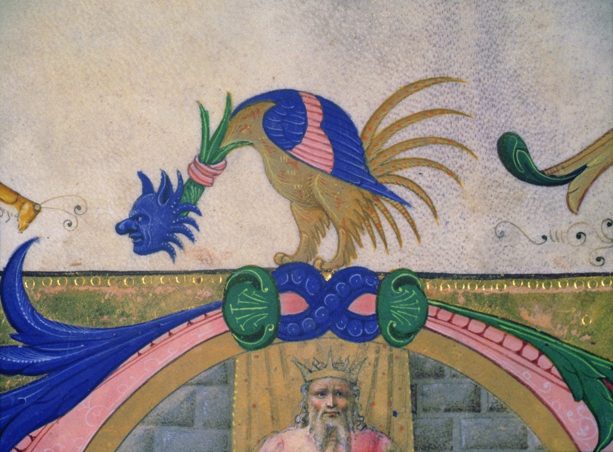 Missal 515 f.13v مخلوق خيالي ذو ساقين مع وجه بشري ، تفاصيل الحدود الزخرفية من كتاب جوقة تم تنفيذها قبل عام 1449 (تفاصيل 56721) بواسطة Filippo di Matteo Torelli