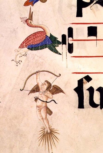 Missal 515 f.5r A Cherub يطلق النار على طائر اللقلق بقوس وسهم غير مرئي ، تفاصيل الحدود الزخرفية من كتاب جوقة تم تنفيذه قبل 1449 (رق) بواسطة Filippo di Matteo Torelli