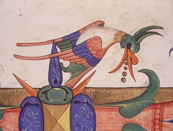 Missal 515 f.72v Fantastical bird ، تفاصيل الزخرفة من الحرف الأول المؤرخ "L" من كتاب جوقة تم تنفيذه قبل 1449 (رق) (تفاصيل 56719) بواسطة Filippo di Matteo Torelli