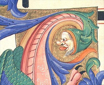 Missal 515 f.73v أوراق شجر زومورفيك تصور رأسًا يسحب وجهًا ، تفاصيل من زخرفة حرف أولي مؤرخ من كتاب جوقة تم تنفيذه قبل عام 1449 (ورق) بواسطة Filippo di Matteo Torelli