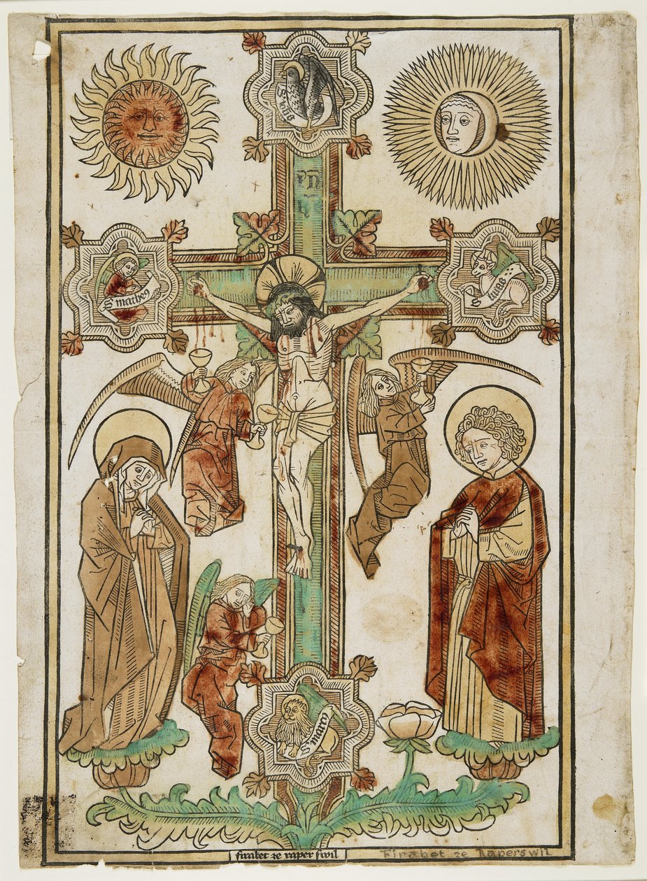 صليب مع ثلاثة ملائكة ورموز الإنجيليين ، c.1470-80 (قطع خشبية ملونة باليد باللون الأحمر والأخضر والأصفر والبني الفاتح والداكن) بواسطة Firabet من Rapperswil
