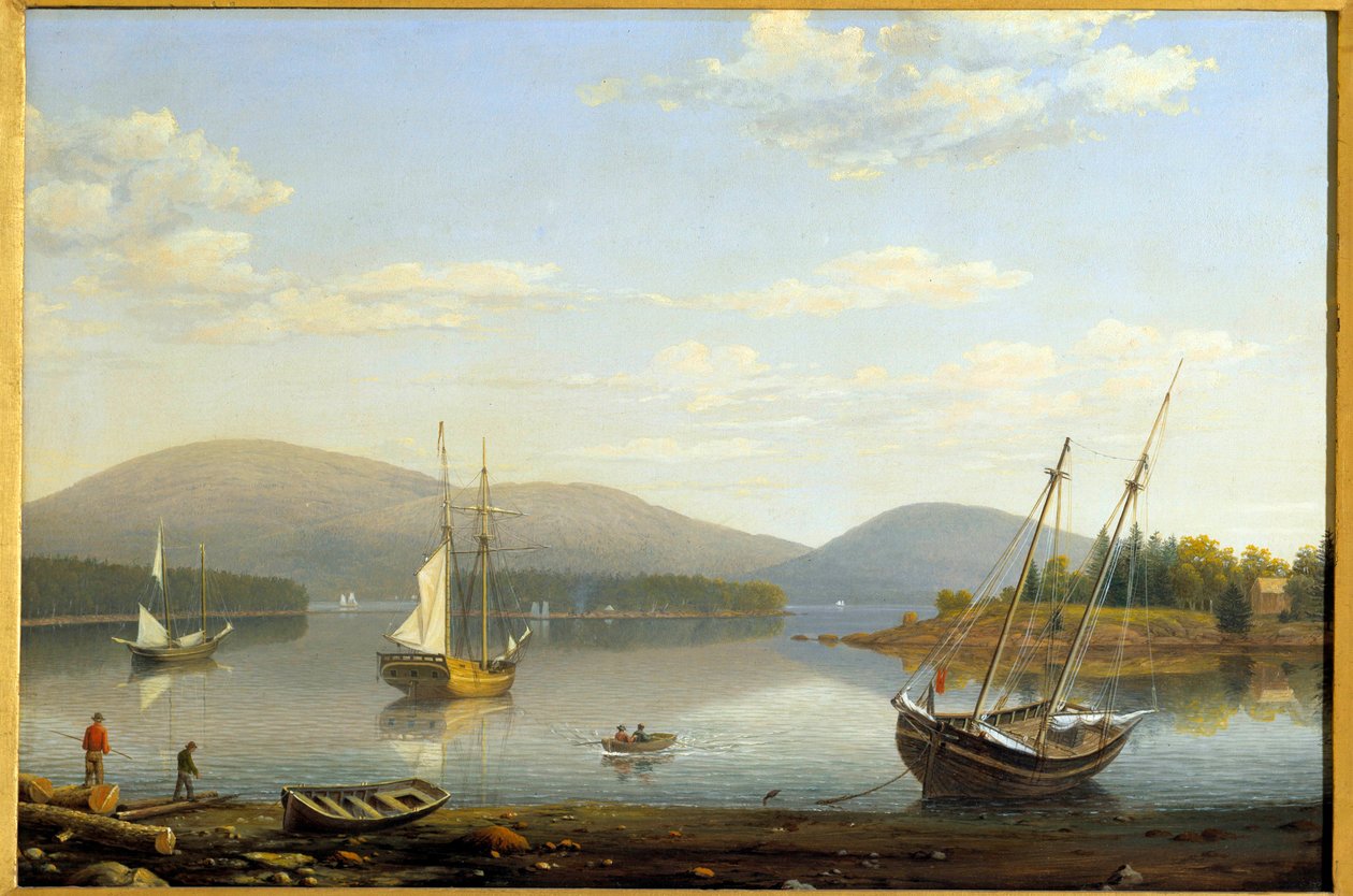 منظر لميناء سومز في مين بالولايات المتحدة لوحة رسمها هيو لين فيتز (1804-1865) 1850 مجموعة خاصة بواسطة فيتز هنري لين