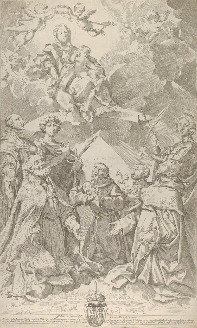 شفيع قديسي بولونيا ينظرون إلى الأعلى إلى العذراء الجالسة في السحب مع ... ، 1640-50. بواسطة فلامينيو توري