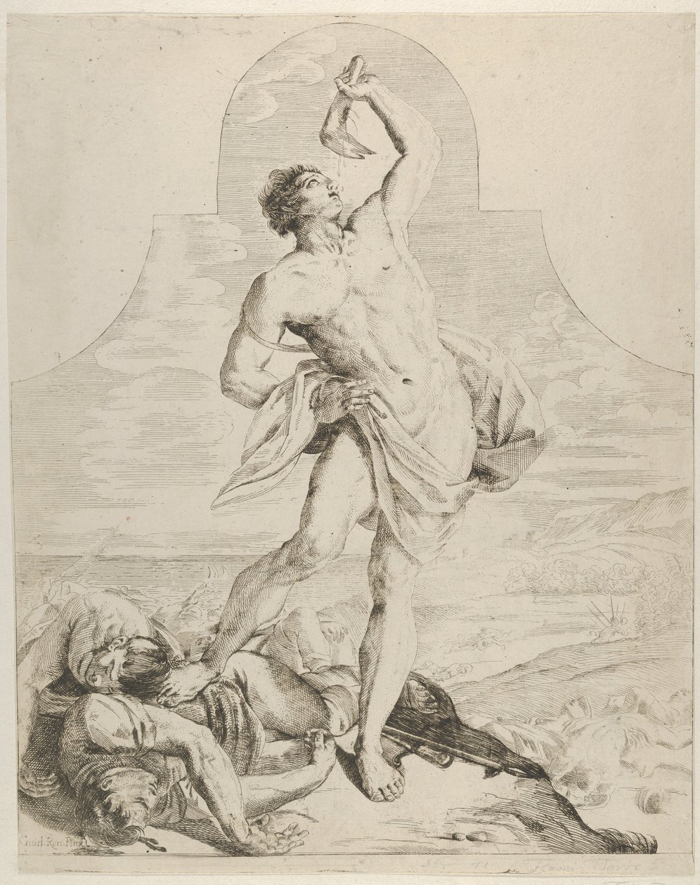 شمشون يحمل عظم فك الحمار فوق رأسه ويقف بجانب فيليس ... ، كاليفورنيا. 1640-60. بواسطة فلامينيو توري
