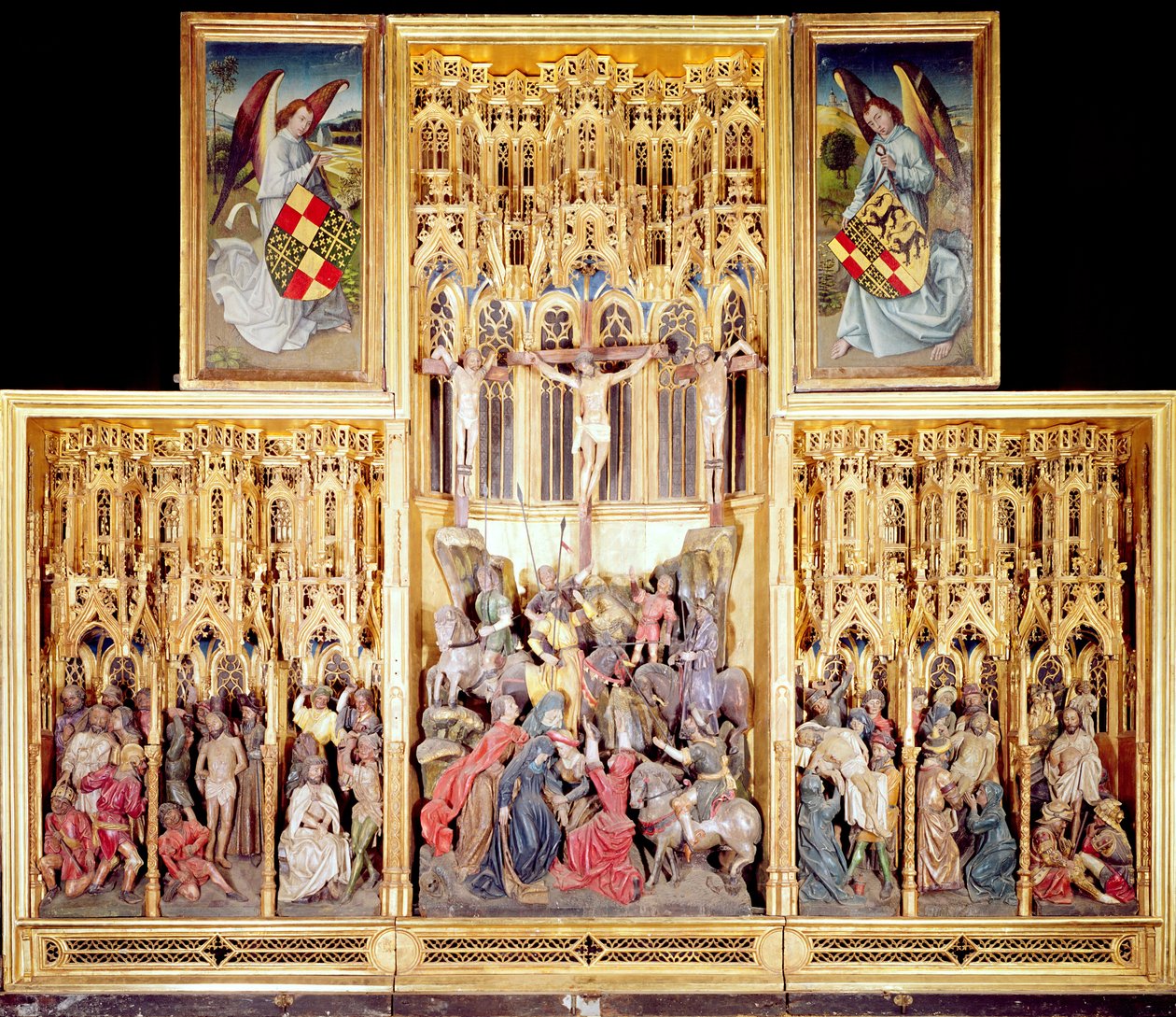 القسم المركزي من Ambierle Altarpiece ، 1460-66 (خشب الجوز المذهّب وغير المطلي) بواسطة المدرسة الفلمنكية