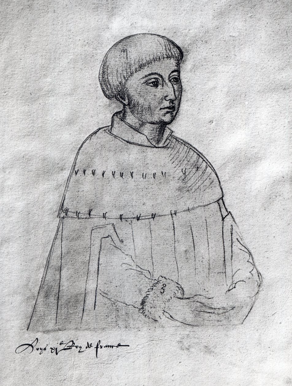 السيدة 266 f.3 صورة لويس الحادي عشر (1423-1483) من "Recueil d&39;Arras" بواسطة المدرسة الفلمنكية