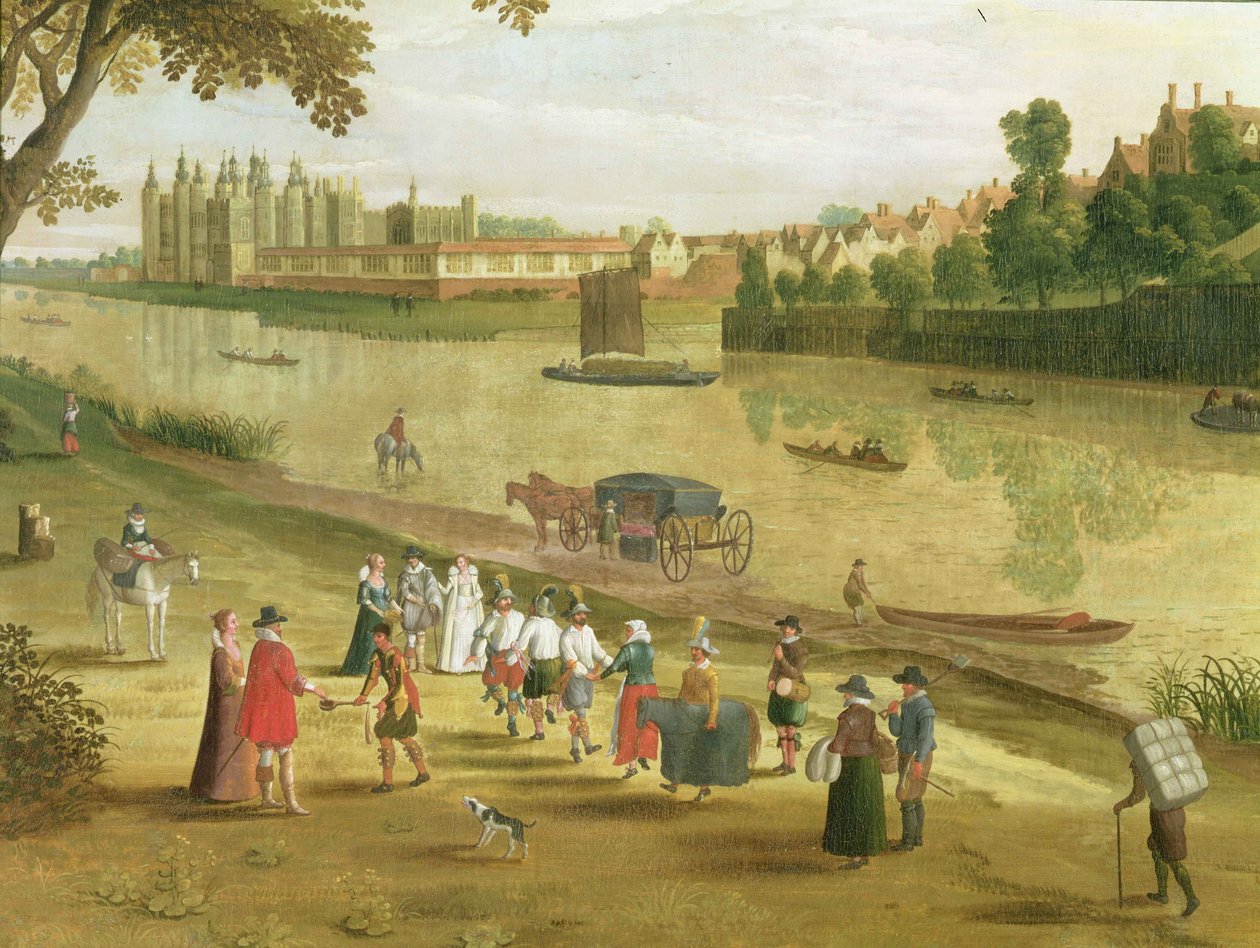 نهر التايمز في ريتشموند ، مع القصر الملكي القديم ، c.1620 (التفاصيل) (انظر أيضًا 65997) بواسطة المدرسة الفلمنكية