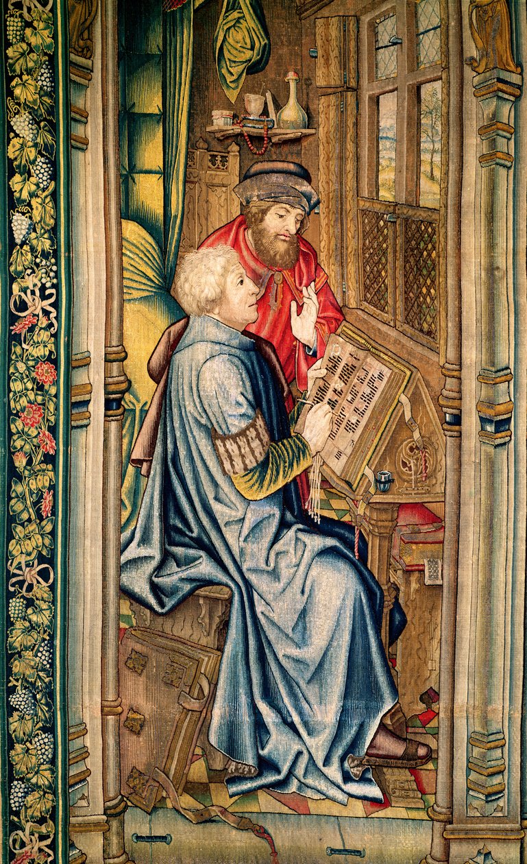 كاتب يكتب رواية ، تفاصيل من نقل تابوت العهد ، من نسيج داود وبثشبع ، c.1510-15 بواسطة المدرسة الفلمنكية