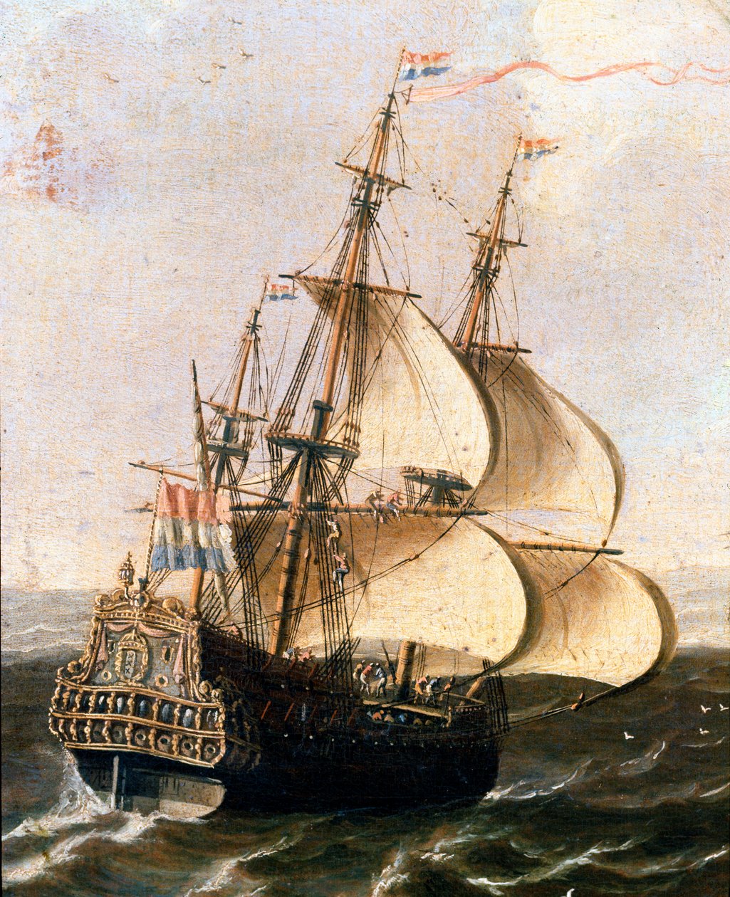 جاليون للشركة الهولندية لجزر الهند الشرقية المجهولة لوحة للمدرسة الفلمنكية. القرن السابع عشر Museo Navale ، الجينات بواسطة المدرسة الفلمنكية